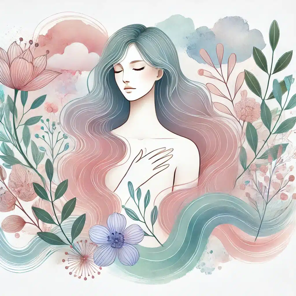 DALL·E 2025-04-13 19.14.00 - A watercolor-style digital illustration symbolizing femininity and emotional relief. The central figure is a peaceful woman with flowing hair, eyes cl